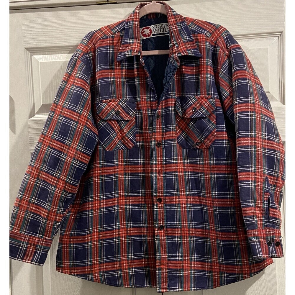 Vtg Sports Afield Flannel Jacket Button Up Blue Red Plaid Mens Sz XL